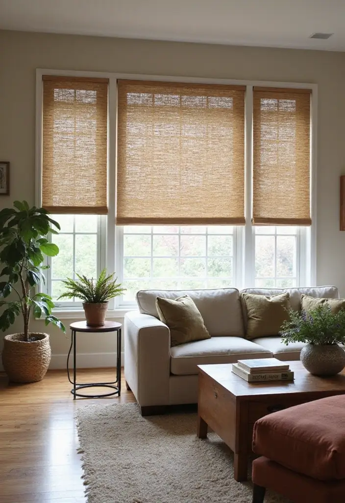 25 Curtains Ideas for Living Room That Feel Luxurious - 11. Natural Fiber Blinds