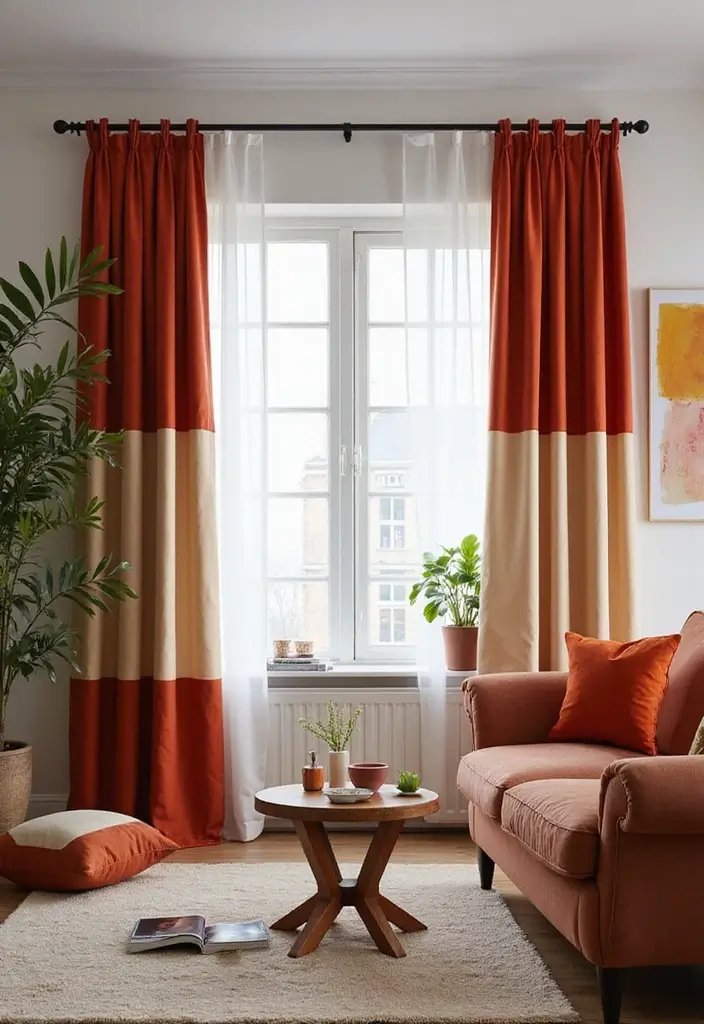 25 Curtains Ideas for Living Room That Feel Luxurious - 20. Color-Blocked Curtains