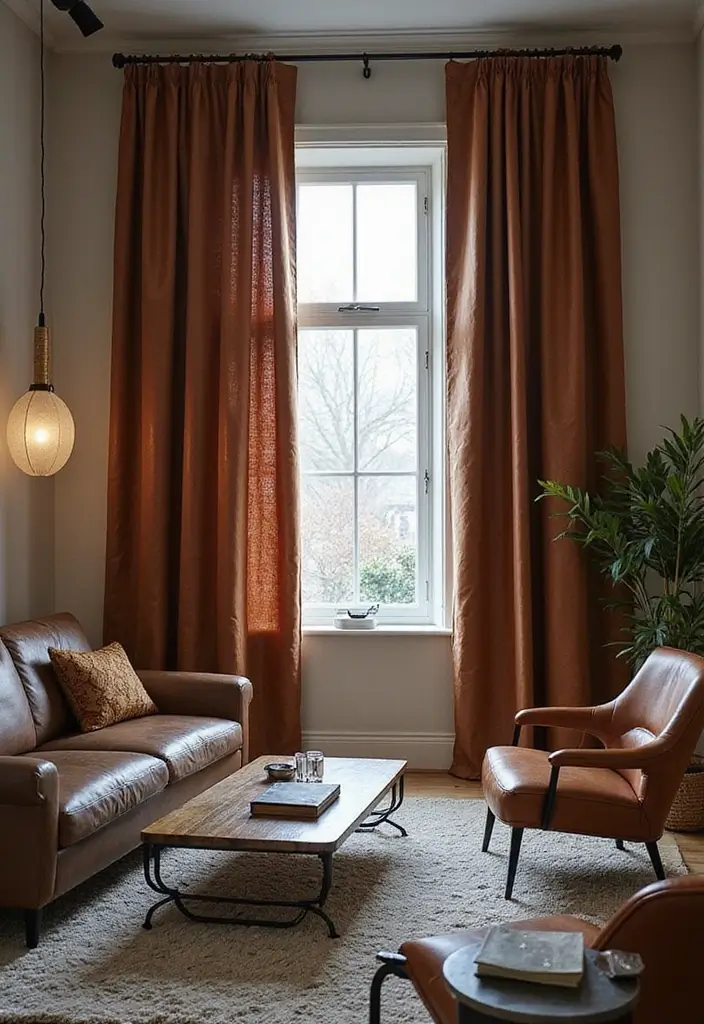 25 Curtains Ideas for Living Room That Feel Luxurious - 21. Faux Leather Curtains