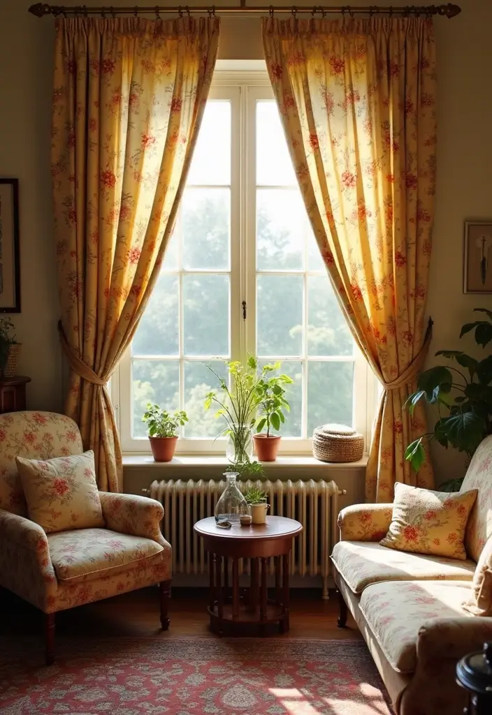 25 Curtains Ideas for Living Room That Feel Luxurious - 24. Vintage Floral Curtains