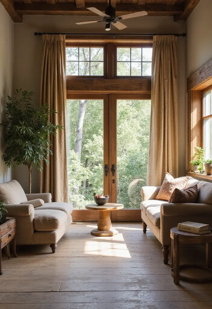 25 Window Dressing Ideas That Transform Your View - 19. Reclaimed Wood Frames and Curtains