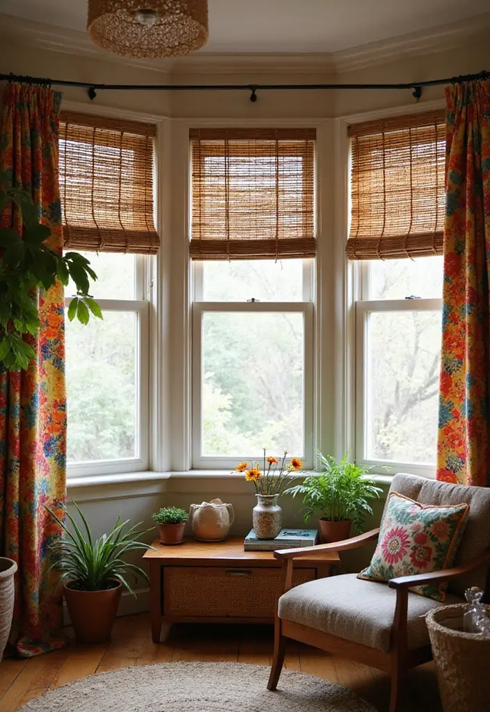 26 Three Window Curtain Ideas That Look Perfect 13 26 Three Window Curtain Ideas That Look Perfect - 13. Bamboo Blinds with Colorful Curtains