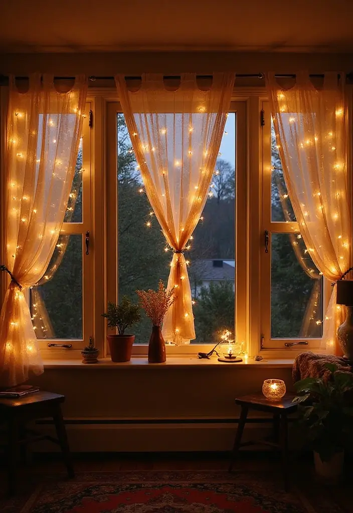 26 Three Window Curtain Ideas That Look Perfect 26 26 Three Window Curtain Ideas That Look Perfect - 26. Enchanting Fairy Lights