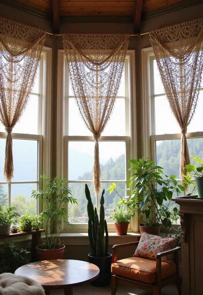 26 Three Window Curtain Ideas That Look Perfect 3 26 Three Window Curtain Ideas That Look Perfect - 3. Macramé Magic