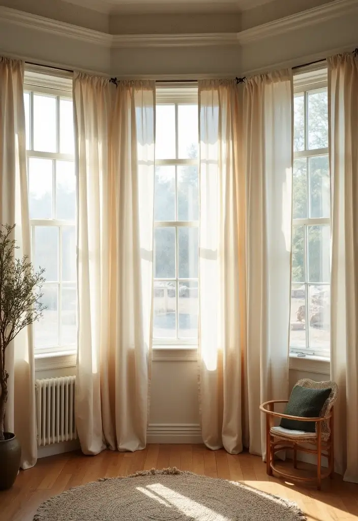 26 Three Window Curtain Ideas That Look Perfect 4 26 Three Window Curtain Ideas That Look Perfect - 4. Rustic Charm with Linen Drapes