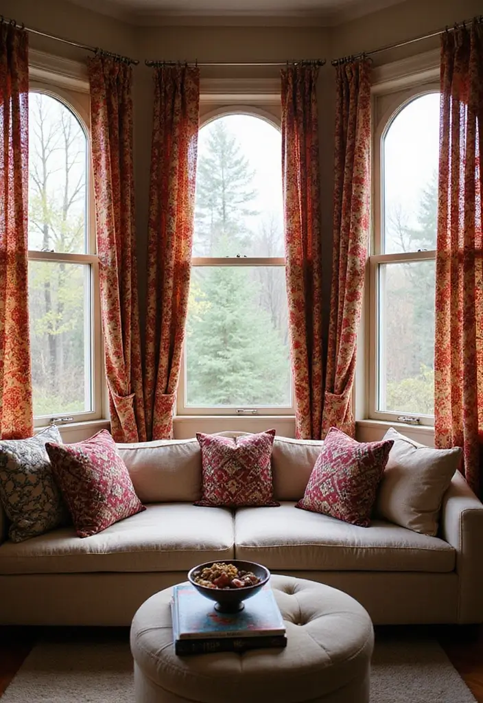 26 Three Window Curtain Ideas That Look Perfect 7 26 Three Window Curtain Ideas That Look Perfect - 7. Ethnic Patterns and Bright Colors
