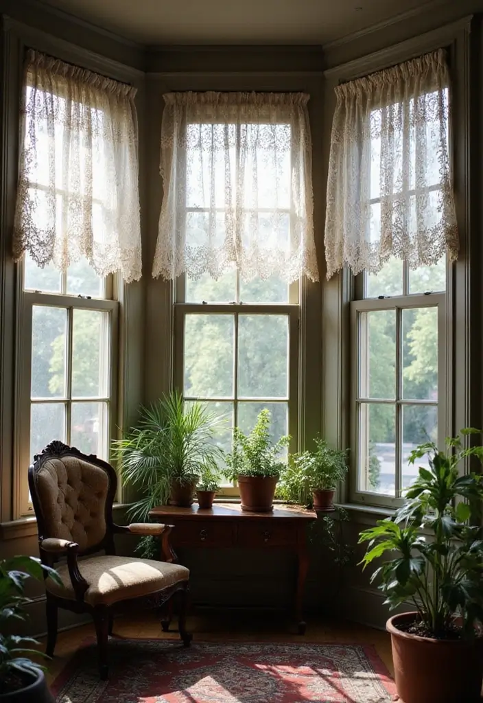 26 Three Window Curtain Ideas That Look Perfect 8 26 Three Window Curtain Ideas That Look Perfect - 8. Vintage Lace for Timeless Appeal
