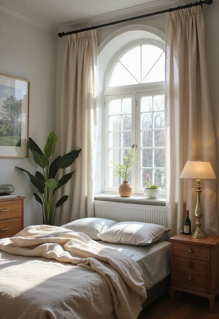 27 Bedroom with Window Layouts You’ll Want to Try 26 27 Bedroom with Window Layouts You’ll Want to Try - 26. Window-Focused Art to Enhance Light