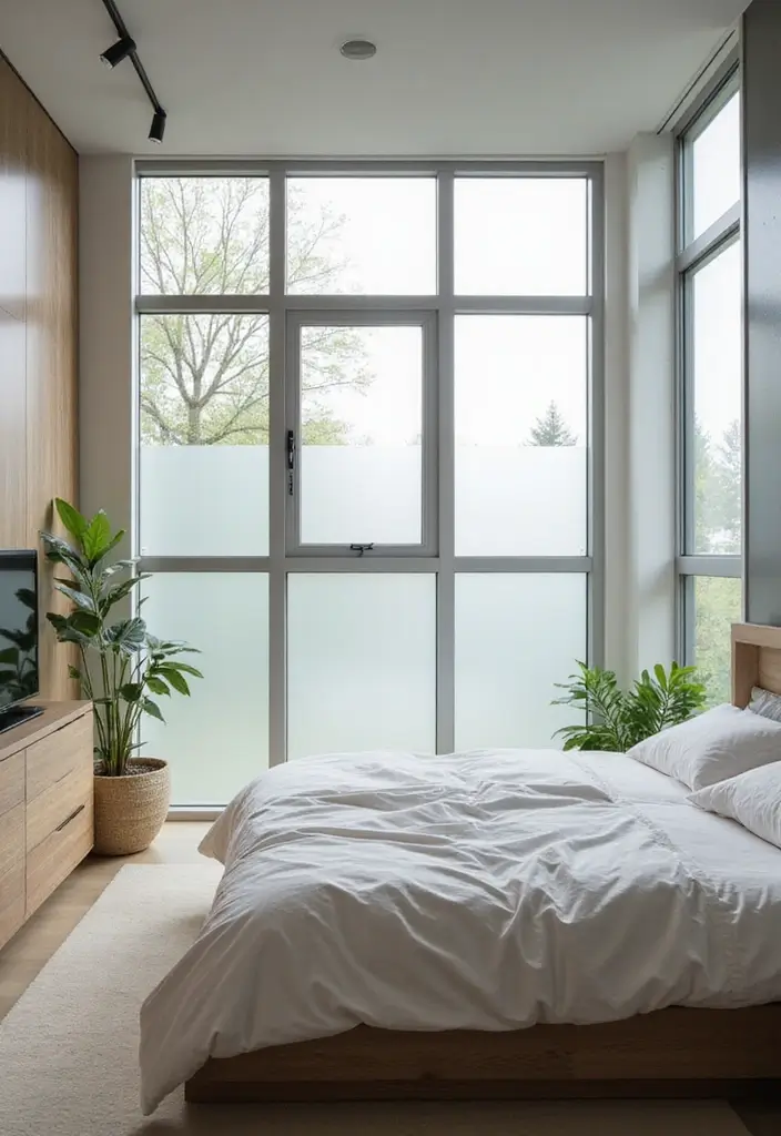 27 Bedroom with Window Layouts You’ll Want to Try 9 27 Bedroom with Window Layouts You’ll Want to Try - 9. Frosted Glass for Privacy with Light