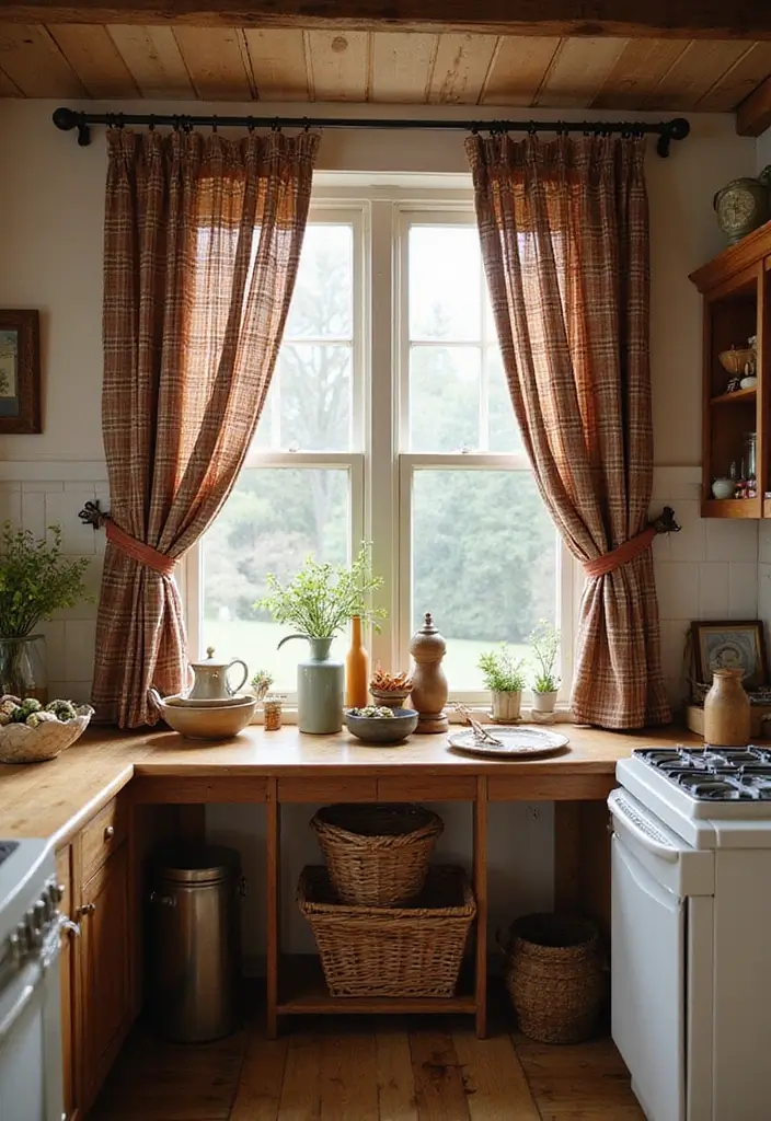 27 Kitchen Curtain Ideas That Make Cooking Brighter - 13. Rustic Plaid for Farmhouse Vibes