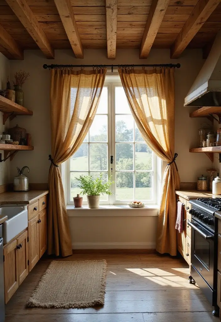27 Kitchen Curtain Ideas That Make Cooking Brighter - 3. Farmhouse Charm with Burlap