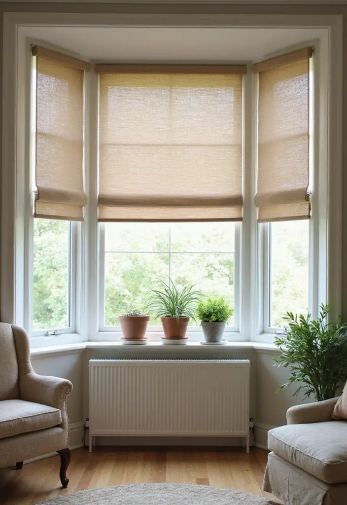 28 Bay Window Treatment Ideas That Elevate Any Room - 10. Fabric Blinds
