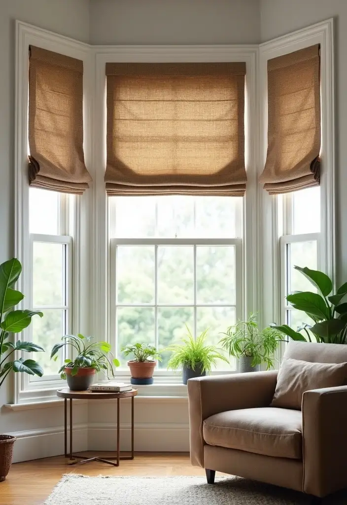 28 Bay Window Treatment Ideas That Elevate Any Room - 13. Stylish Roman Shades