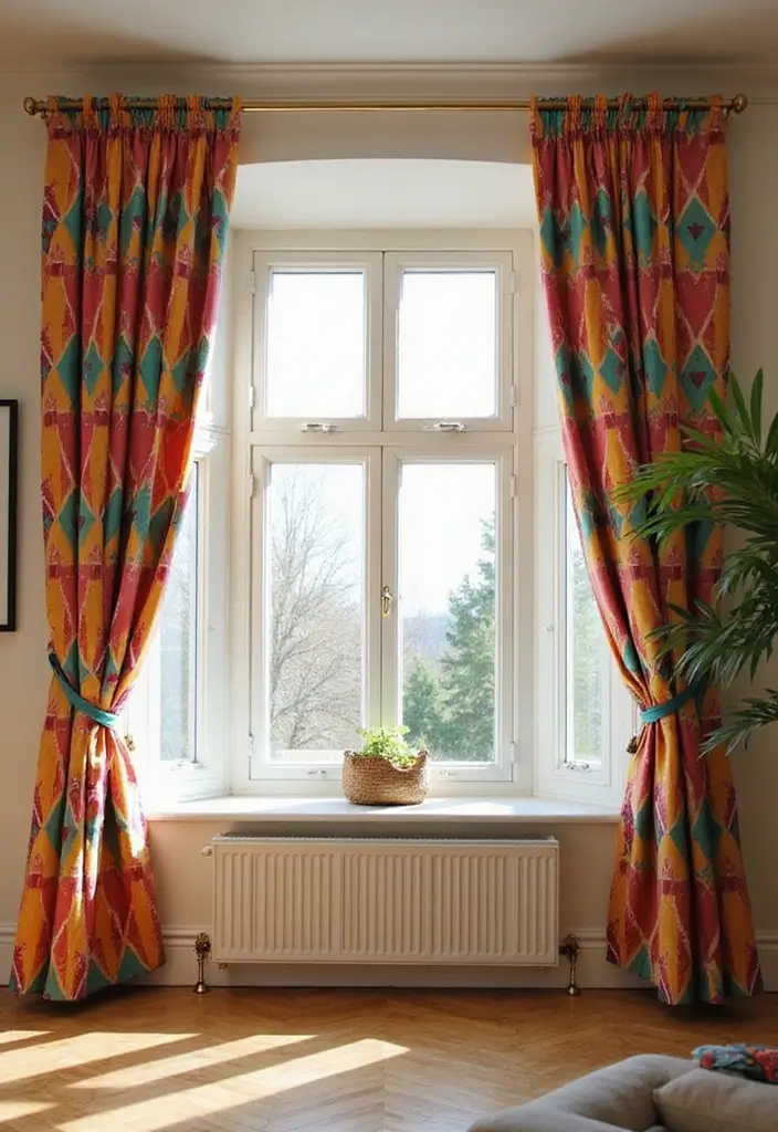 28 Bay Window Treatment Ideas That Elevate Any Room - 14. Colorful Geometric Patterns