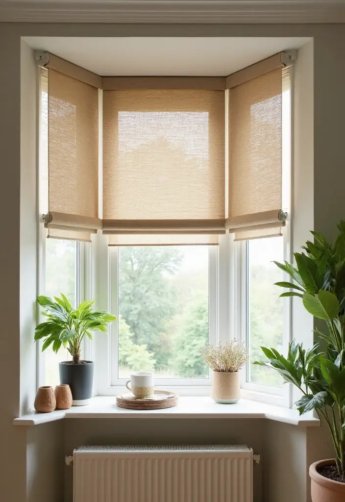 28 Bay Window Treatment Ideas That Elevate Any Room - 4. Plant-Based Roller Shades
