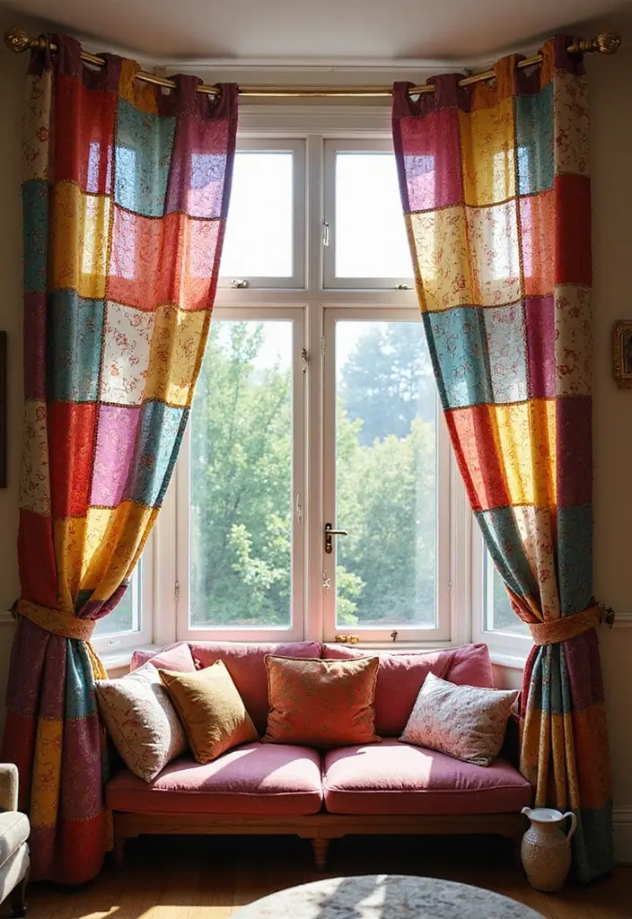28 Bay Window Treatment Ideas That Elevate Any Room - 5. Eclectic Patchwork Curtains