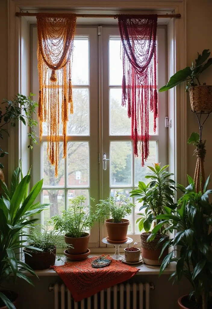 28 Bay Window Treatment Ideas That Elevate Any Room - 9. Colorful Macrame Hangings