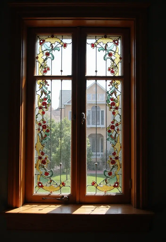28 Exterior Window Trim Ideas That Pop Instantly - 24. Stained Glass Accents