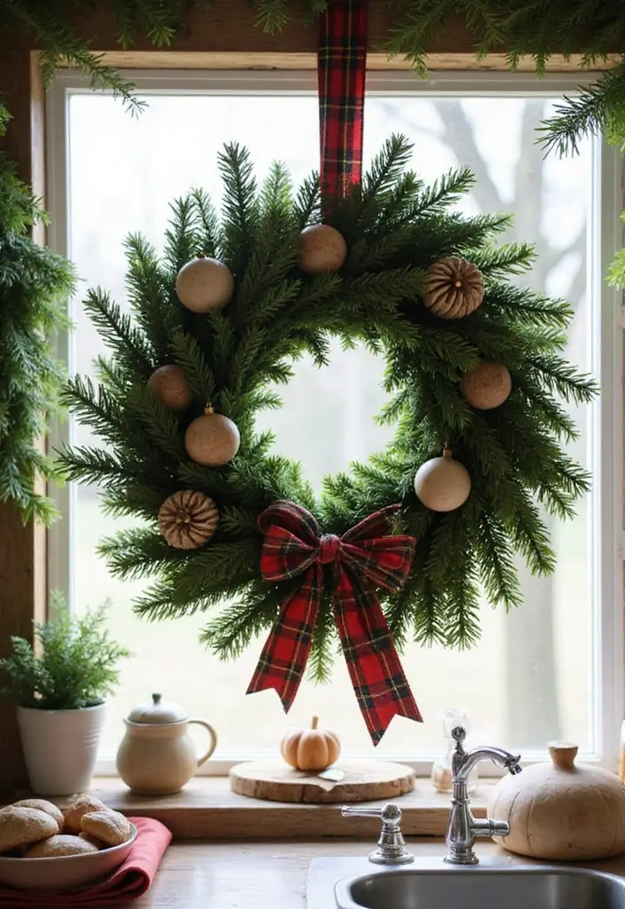 28 Kitchen Window Christmas Decor Ideas That Shine - 1. Evergreen Wreaths