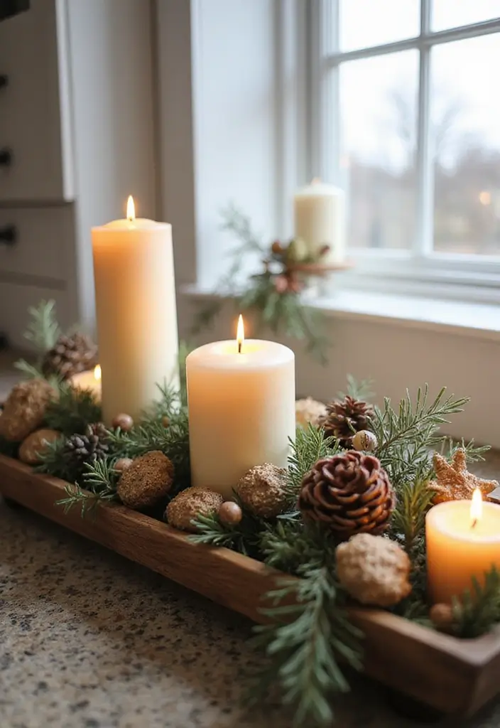 28 Kitchen Window Christmas Decor Ideas That Shine - 15. Rustic Centerpieces