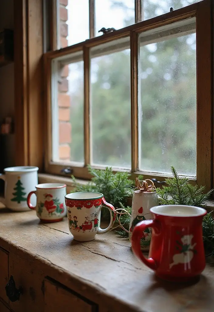 28 Kitchen Window Christmas Decor Ideas That Shine - 17. Holiday-Themed Mugs