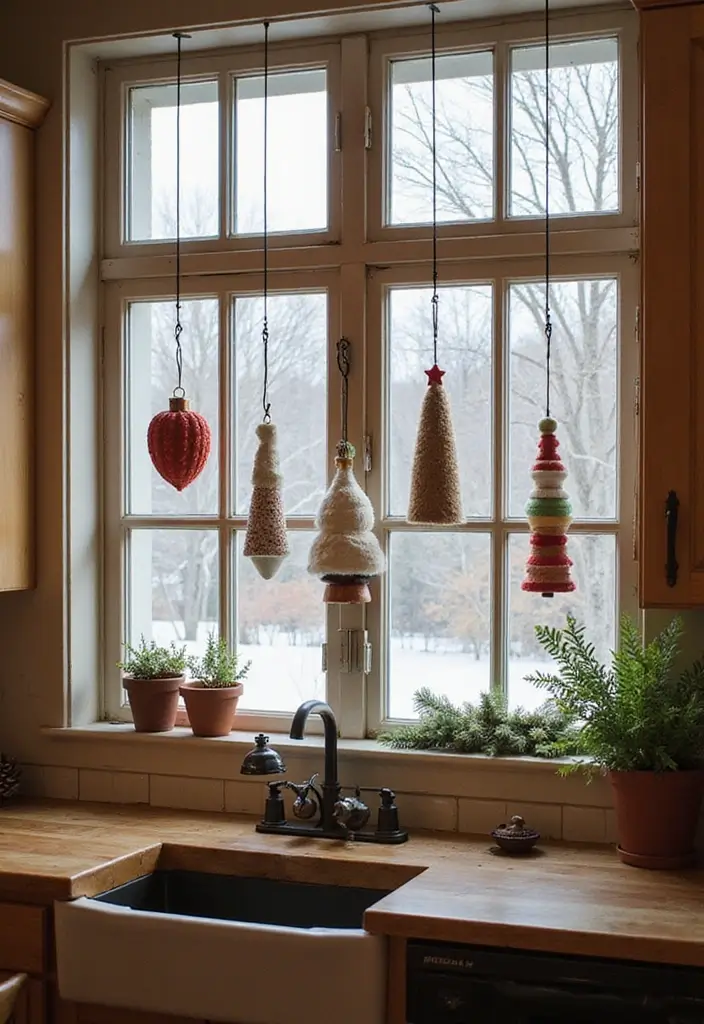 28 Kitchen Window Christmas Decor Ideas That Shine - 20. DIY Ornaments on Display
