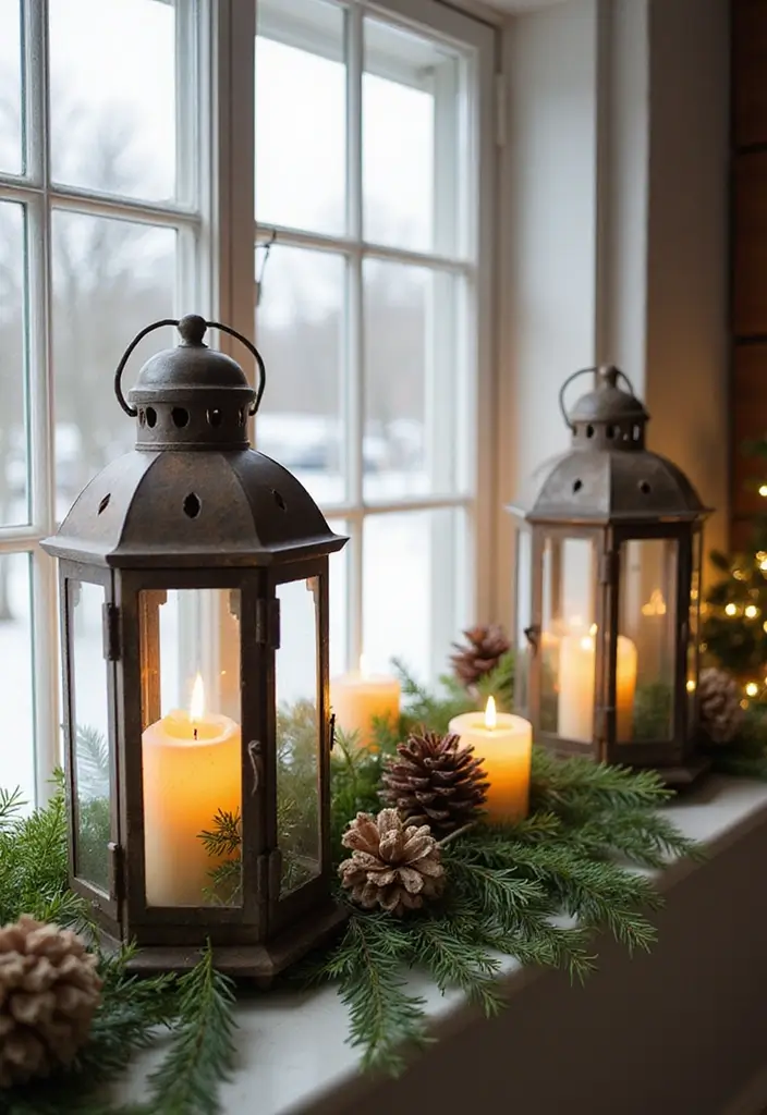 28 Kitchen Window Christmas Decor Ideas That Shine - 21. Seasonal Lanterns