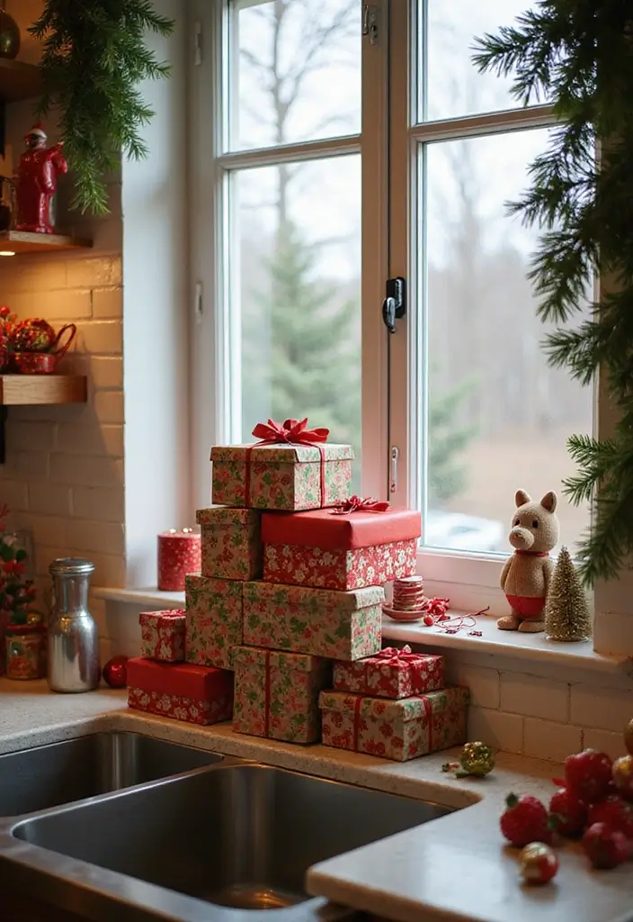 28 Kitchen Window Christmas Decor Ideas That Shine - 25. Decorative Gift Boxes