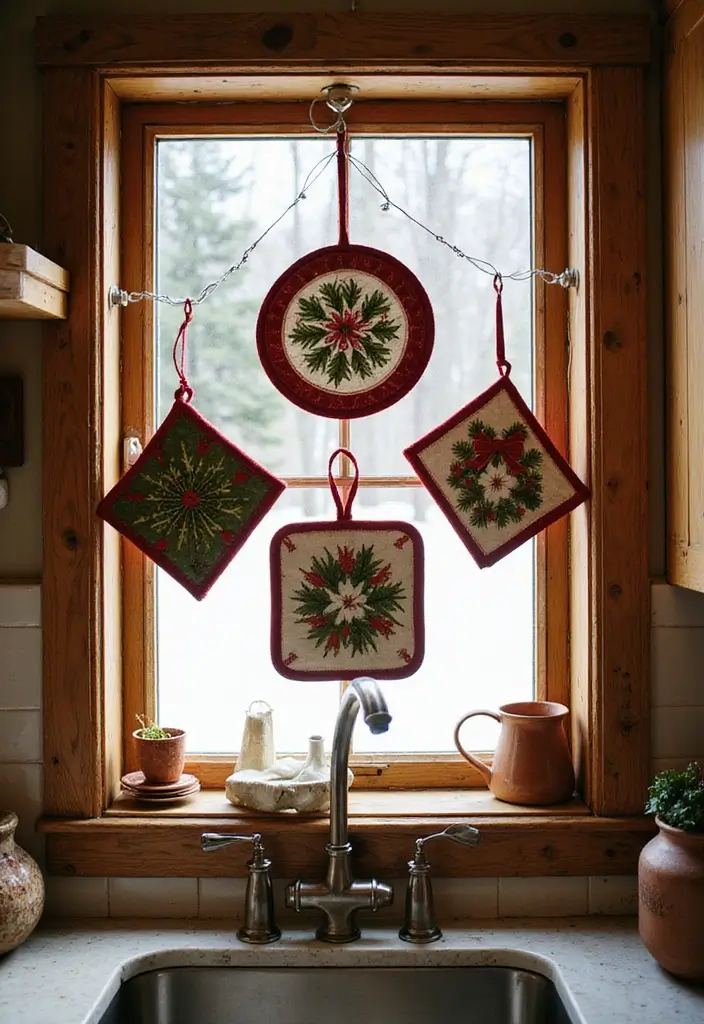28 Kitchen Window Christmas Decor Ideas That Shine - 26. Themed Pot Holders