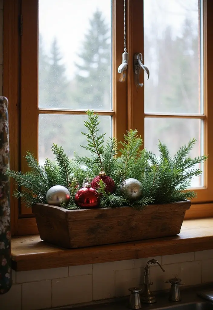 28 Kitchen Window Christmas Decor Ideas That Shine - 3. Seasonal Window Boxes
