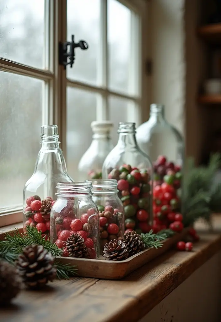 28 Kitchen Window Christmas Decor Ideas That Shine - 4. Vintage Jars and Bottles