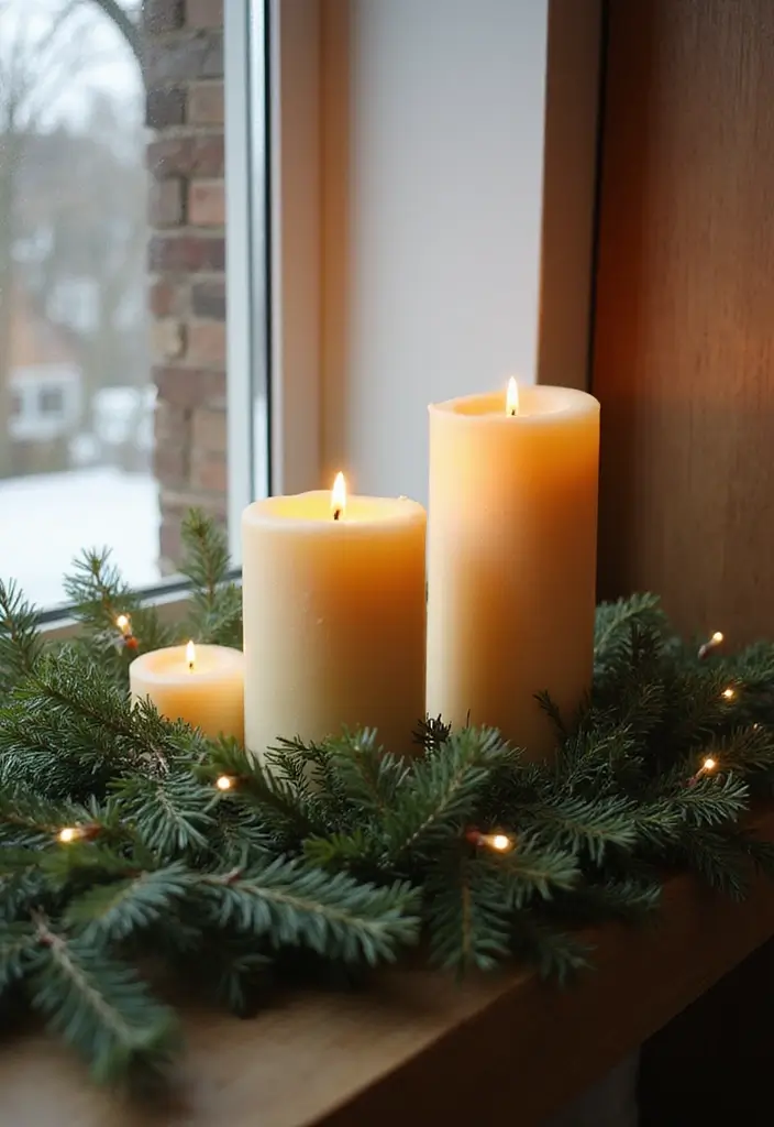 28 Kitchen Window Christmas Decor Ideas That Shine - 6. Rustic Candle Displays