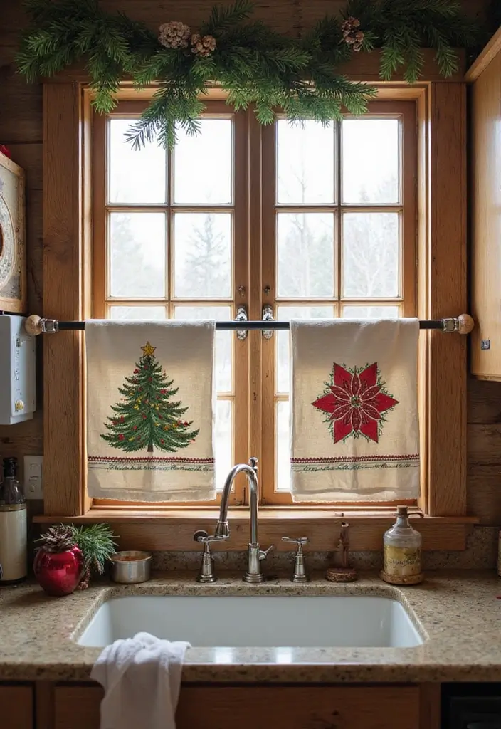 28 Kitchen Window Christmas Decor Ideas That Shine - 7. Holiday Themed Kitchen Towels