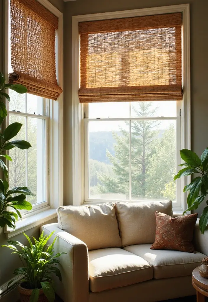 28 Living Room Window Ideas You’ll Love Instantly - 1. Bamboo Shades for Natural Vibes