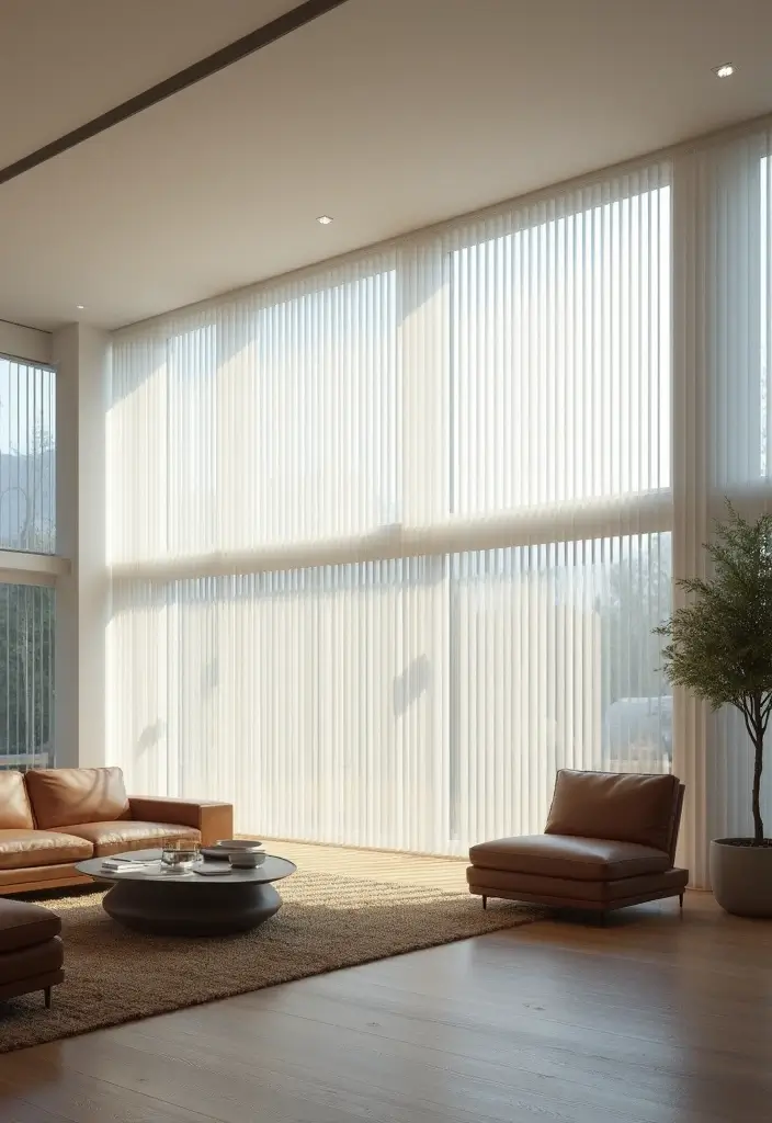 28 Living Room Window Ideas You’ll Love Instantly - 11. Vertical Blinds for Contemporary Lines