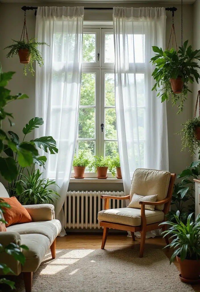 28 Living Room Window Ideas You’ll Love Instantly - 12. Plant-Hang Drapes for Natural Decor