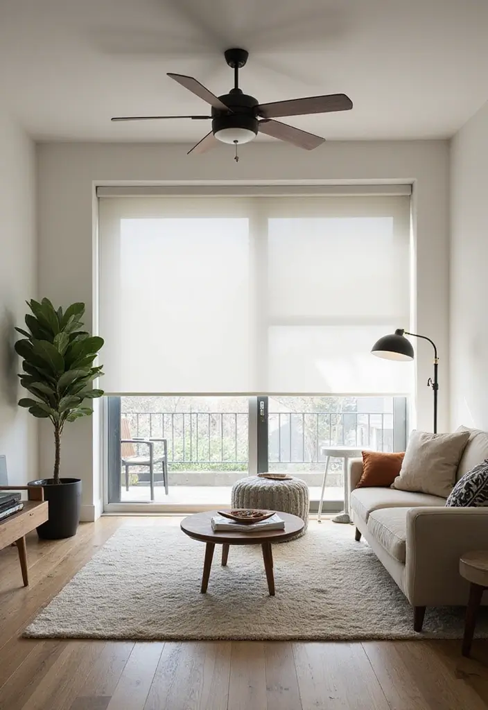 28 Living Room Window Ideas You’ll Love Instantly - 13. Simple Roller Shades for Modern Minimalism