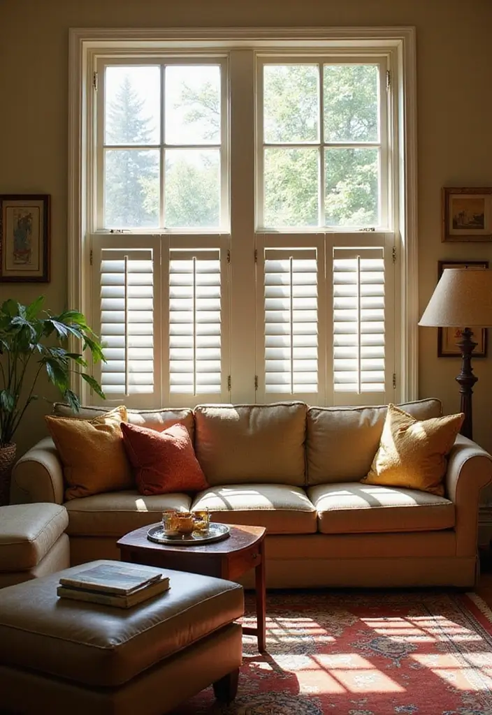 28 Living Room Window Ideas You’ll Love Instantly - 14. Shuttered Windows for Classic Charm