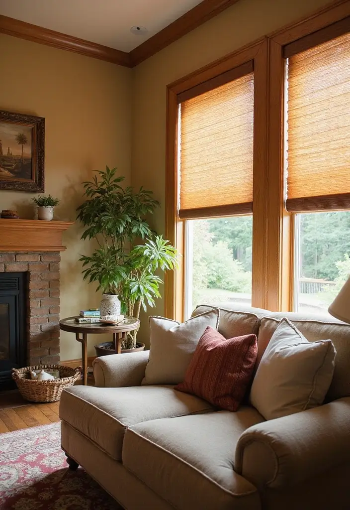 28 Living Room Window Ideas You’ll Love Instantly - 16. Faux Wood Blinds for Cozy Appeal