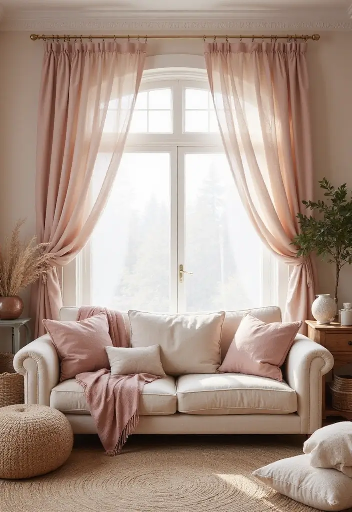 28 Living Room Window Ideas You’ll Love Instantly - 23. Soft Blush Tones for a Gentle Glow