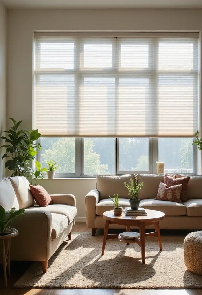 28 Living Room Window Ideas You’ll Love Instantly - 25. Sustainable Honeycomb Shades for Efficiency