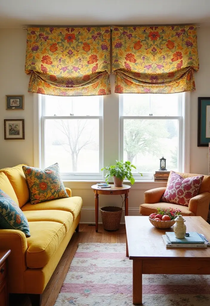 28 Living Room Window Ideas You’ll Love Instantly - 26. Colorful Valances for a Pop of Personality
