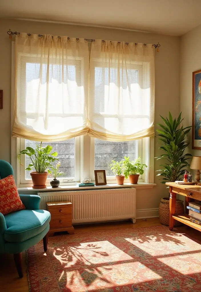 28 Living Room Window Ideas You’ll Love Instantly - 28. Unique Half-Sheer Treatments for Playful Touch