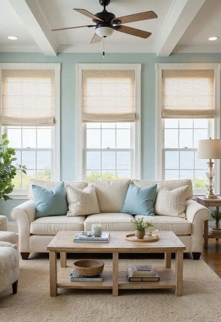 28 Living Room Window Ideas You’ll Love Instantly - 8. Salt Air Shades for Coastal Vibes
