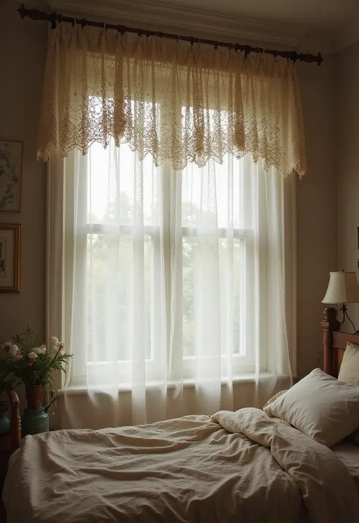 28 Window Valance Ideas That Complete the Look 15 28 Window Valance Ideas That Complete the Look - 15. Vintage Lace Valance