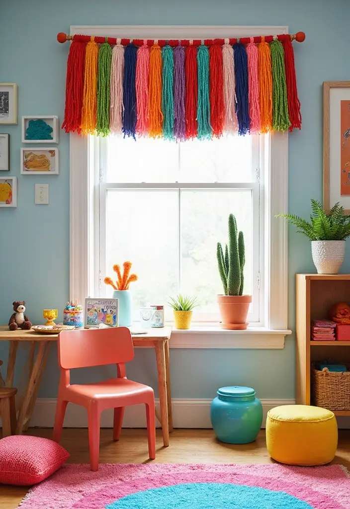 28 Window Valance Ideas That Complete the Look 16 28 Window Valance Ideas That Complete the Look - 16. Colorful Yarn Valance