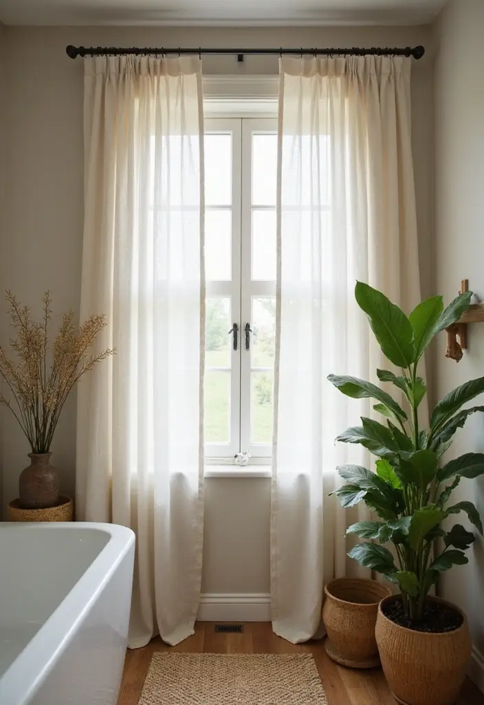 29 Bathroom Window Curtain Ideas That Balance Privacy and Light - 1. Lightweight Linen Curtains