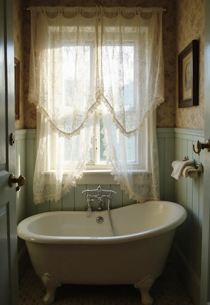 29 Bathroom Window Curtain Ideas That Balance Privacy and Light - 10. Vintage Lace Curtains