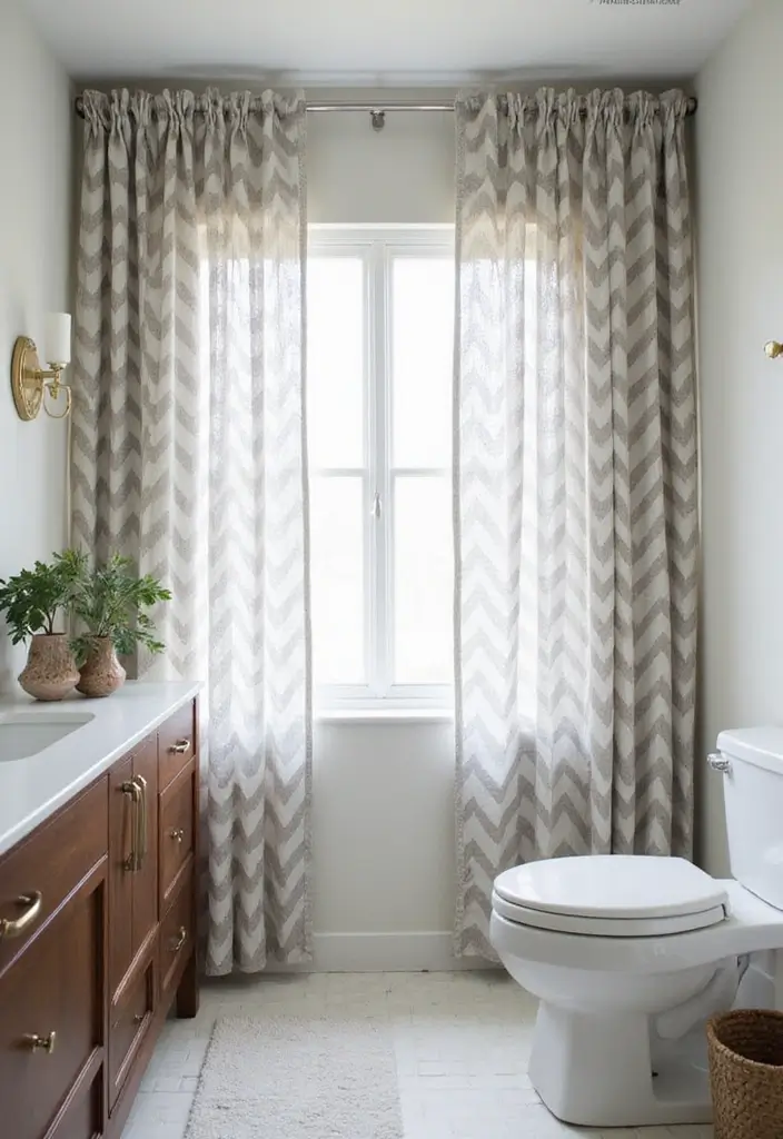 29 Bathroom Window Curtain Ideas That Balance Privacy and Light - 12. Chevron Patterned Curtains