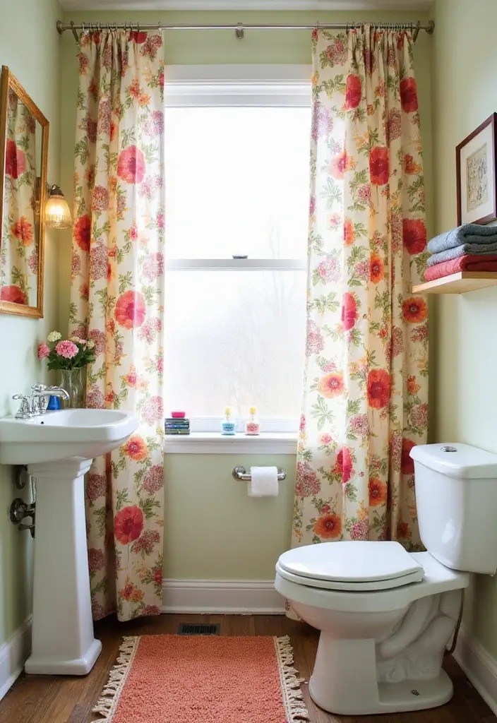 29 Bathroom Window Curtain Ideas That Balance Privacy and Light - 13. Floral Print Curtains